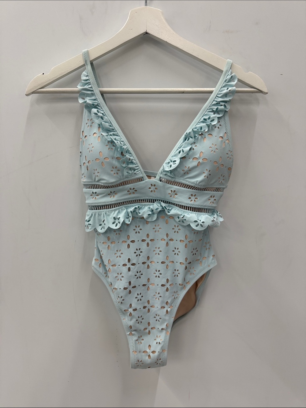 NWT J.Crew Eyelet Laser Cut Ruffle Plunge One-Piece Swimsuit Light Blue Size 0